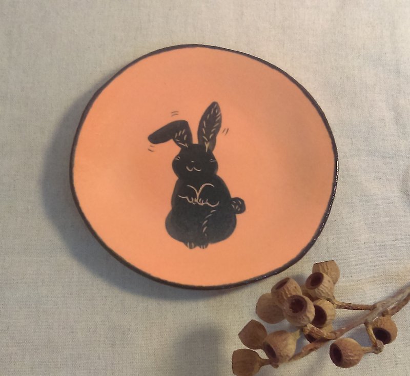 DoDo Handmade Whispers. Animal Silhouette Series-Rabbit Medium Plate (Pink Orange) - Plates & Trays - Pottery Orange