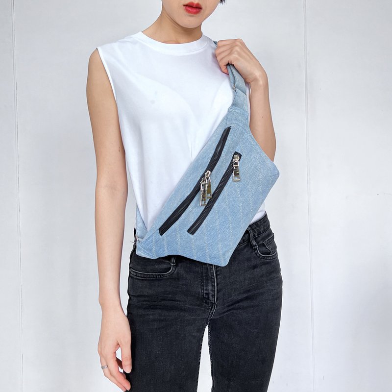 斜紋潮流腰包【回收牛仔褲再生】永續是最奢華的精品 - 側背包/斜孭袋 - 環保材質 藍色