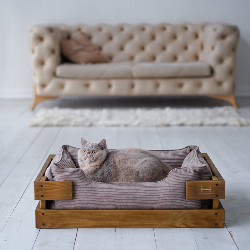 Grey corduroy pet bed with wooden frame S size 68x49 cm - 寵物床 - 其他材質 銀色