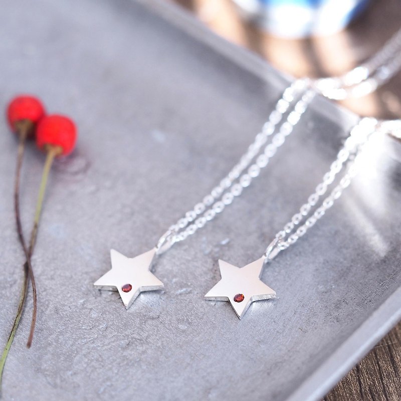 2 pieces set) garnet star pair necklace Silver 925 - Necklaces - Gemstone Red