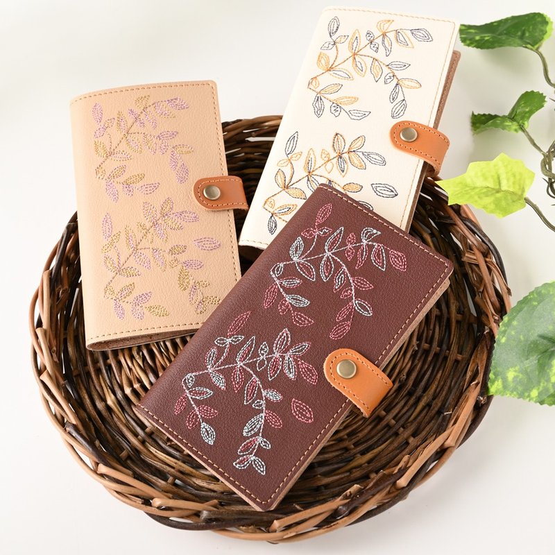 スマホケース 全機種対応 手帳 【 刺繍 ボタニカル 】 本革 レザー リーフ ワインレッド ベージュ A090I - 手機殼/手機套 - 真皮 咖啡色