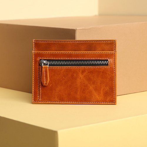 Out of the Factory Leather Card Holder with Zipper Pocket Personalized