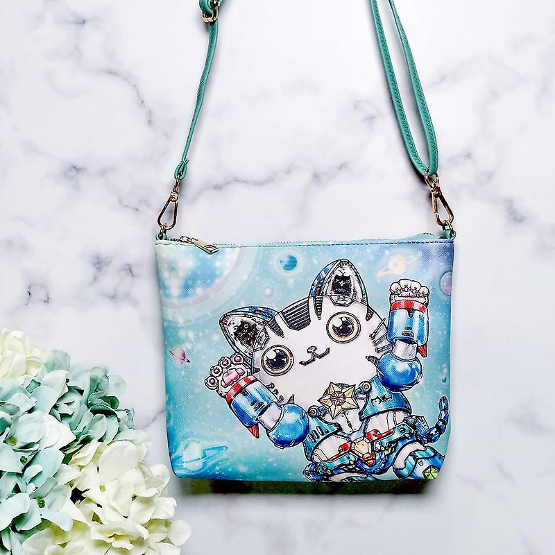 Side backpack | crossbody bag | water-repellent - Brave• Robotic Cat - Messenger Bags & Sling Bags - Other Materials Blue