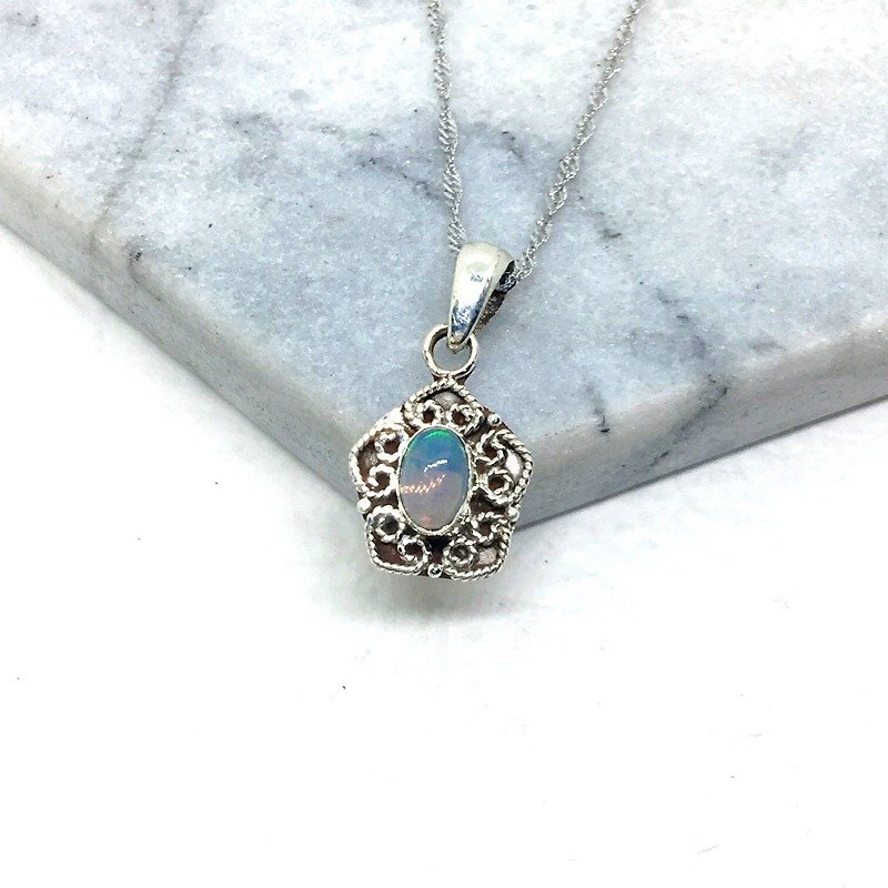 Opal 925 sterling silver heart-shaped lace necklace Nepal handmade mosaic production - Necklaces - Gemstone Silver