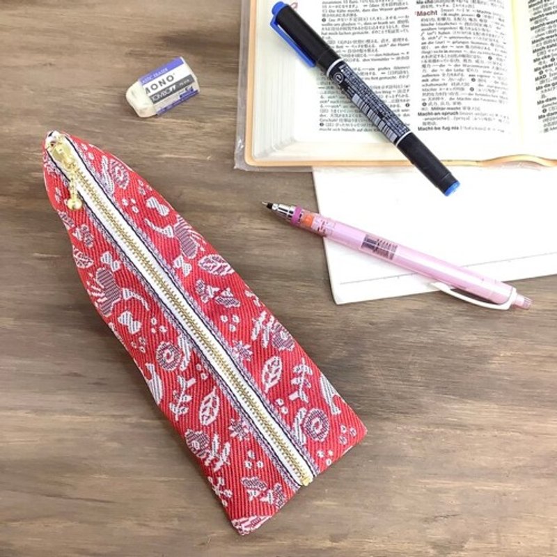 【小鳥と花と・・・】畳縁　テトラ型　ペンケース　茜色　赤　大人可愛い - 鉛筆盒/筆袋 - 其他材質 紅色