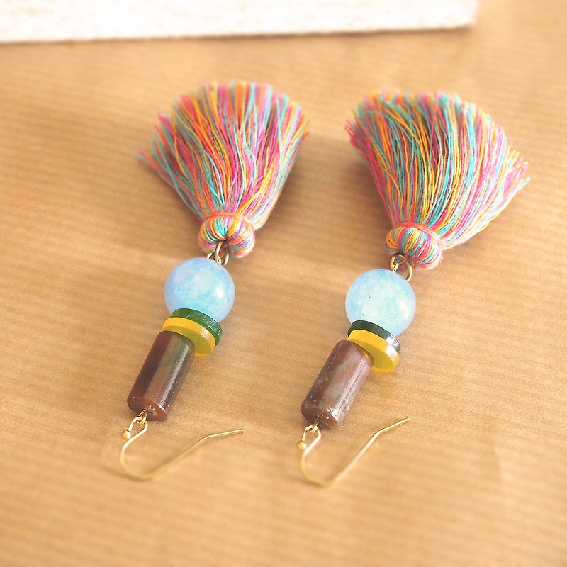 Light blue stone with colorful tassel earrings - Earrings & Clip-ons - Stone Blue