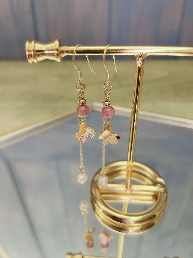 Rubellite Pearl Crystal Earrings Anti-allergic Ear Acupuncture S925 Medical Steel - Earrings & Clip-ons - Crystal Pink