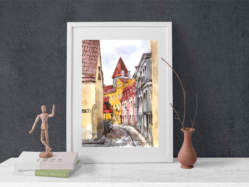 Tallinn painting Estonian art European original watercolor Urban sketch European - Wall Décor - Paper Brown