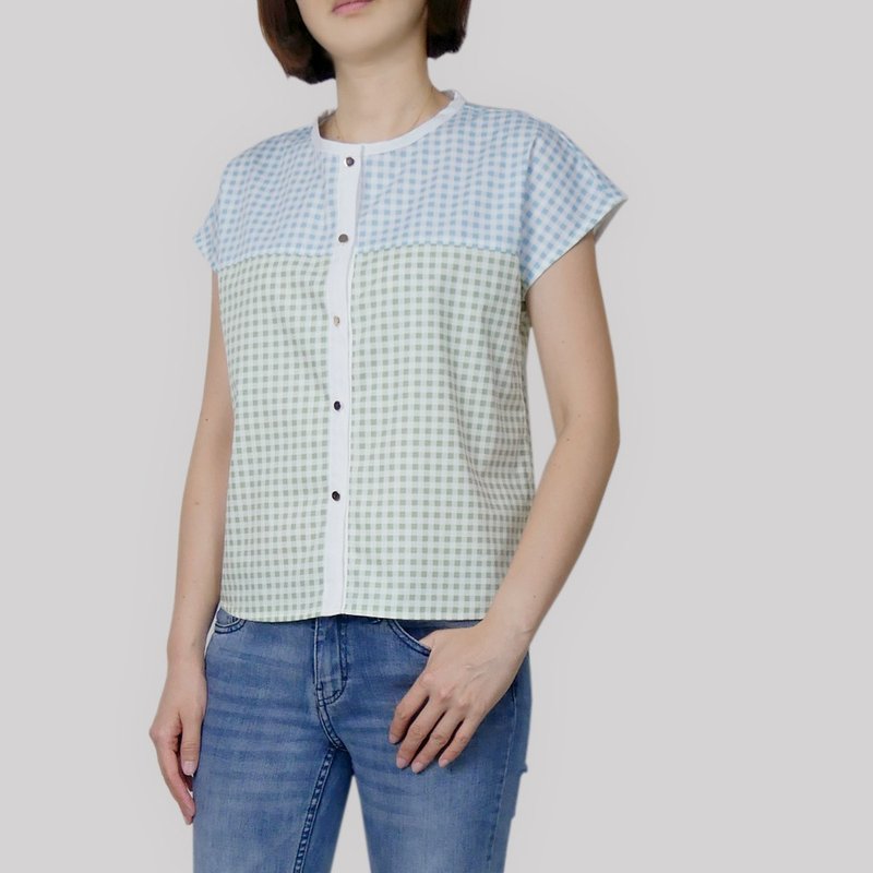 Check Panel Cap Sleeve Top - Women's Vests - Cotton & Hemp Multicolor