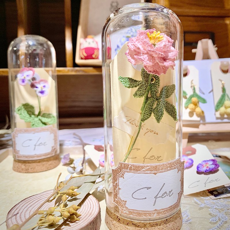 Peony 牡丹 鉤花編織 客製 胸針 襟針 襟花 珍珠 瓶中花 小裝飾 - 心口針/胸針 - 棉．麻 粉紅色