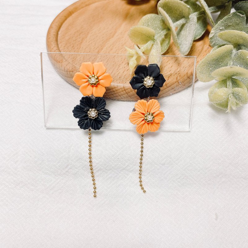 Double Flower Drop Earrings | Clay Earrings - ต่างหู - ดินเหนียว สีส้ม