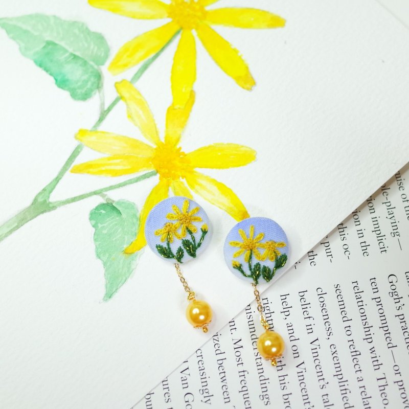 Taiwan's unique Taroko Senecio embroidery on-ear earrings , Clip-On/ear needles - Earrings & Clip-ons - Thread Yellow