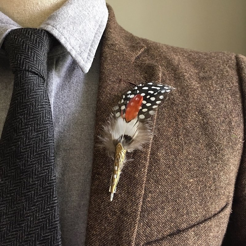 Rustic Orange Feather Boutonniere/Lapel Pin - Brooches - Plants & Flowers Multicolor
