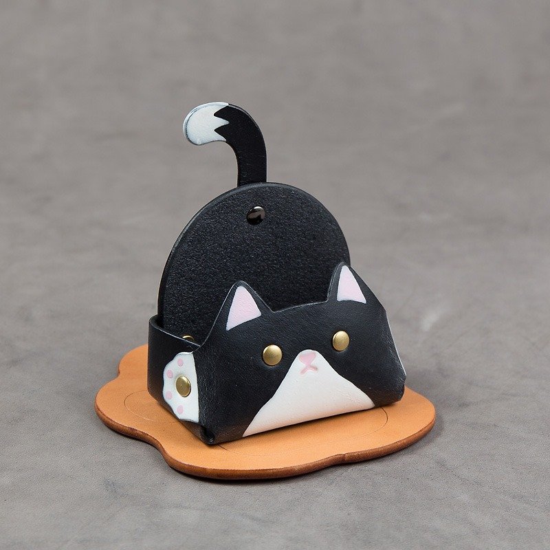 Business card holder mobile phone holder (narrow - banquet cat) - แฟ้ม - หนังแท้ สีดำ