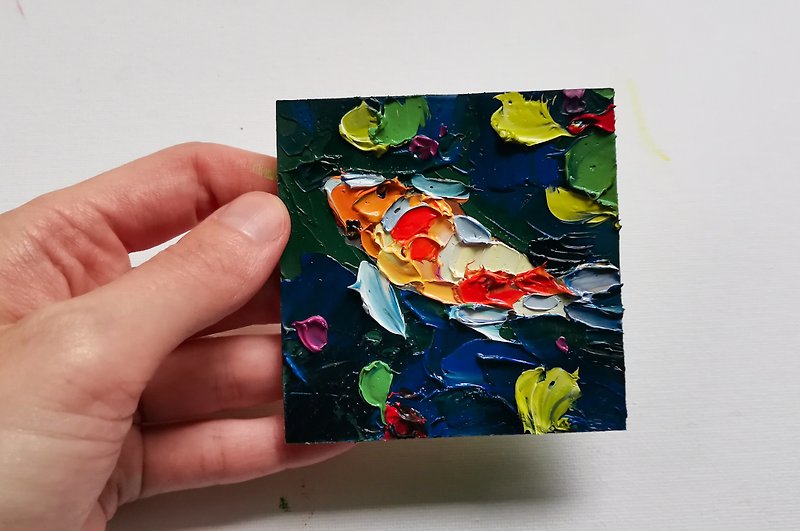 Koi Fish Painting  油畫原作 Feng Shui 手工油畫 Original Art 油畫 Small Impasto by Verafe - 海報/掛畫/掛布 - 壓克力 橘色