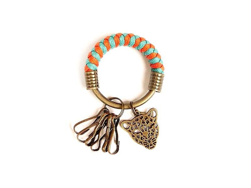 [UNA-Yona Handmade] Key ring (small) 5.3CM lake green + orange + leopard hand-woven wax rope hoop customized - ที่ห้อยกุญแจ - โลหะ หลากหลายสี