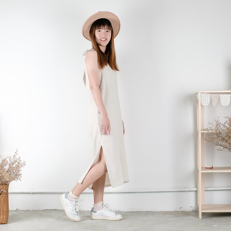 Natural Big Bow Linen Dress - One Piece Dresses - Cotton & Hemp Khaki