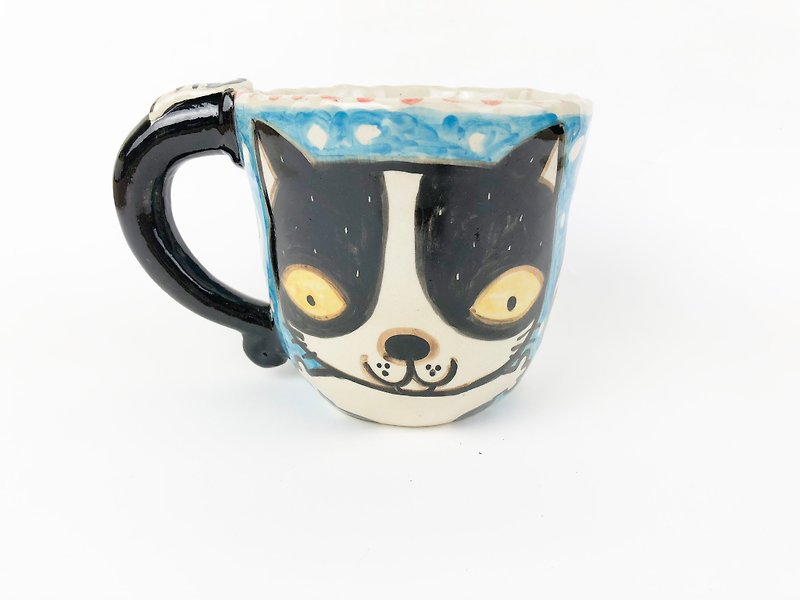 Nice Little Clay handmade mug flower cat 0103-19 - Mugs - Pottery Blue