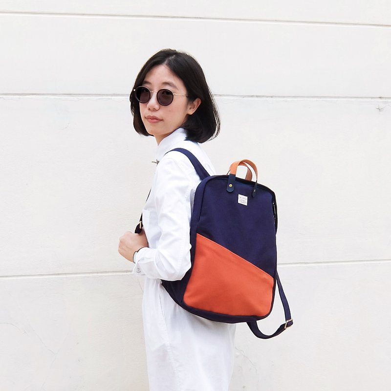 ผ้าฝ้าย/ผ้าลินิน กระเป๋าเป้สะพายหลัง สีส้ม - Navy brick girl backpack : 3 ways bag : backpack, sling bag, handbag