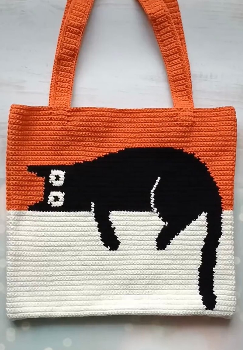 Tote cat crochet bag, summer crochet bag, black cat bag - 手提包/手提袋 - 棉．麻 多色