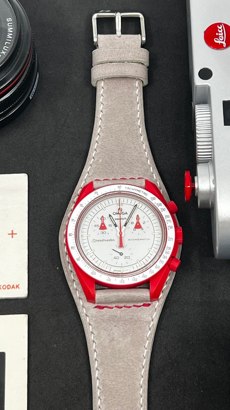 Watch Strap, Leather Watch Band, Bund Strap, Swatch x Omega Moonswatch Band - สายนาฬิกา - หนังแท้ สีเทา