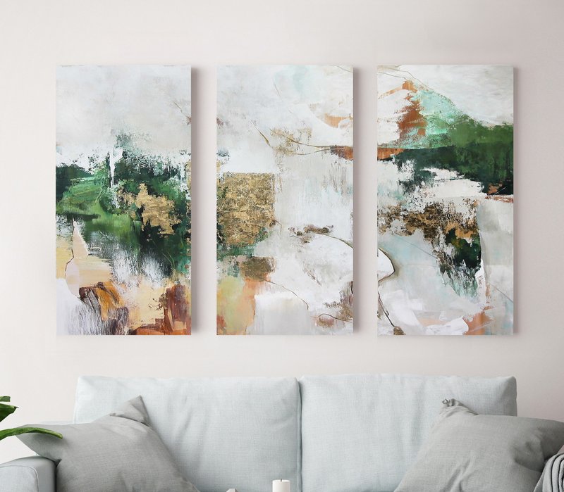 Green Abstract Painting |Triptych Wall Art Abstract | Triptych Green Avalanche 5 - 壁貼/牆壁裝飾 - 棉．麻 綠色