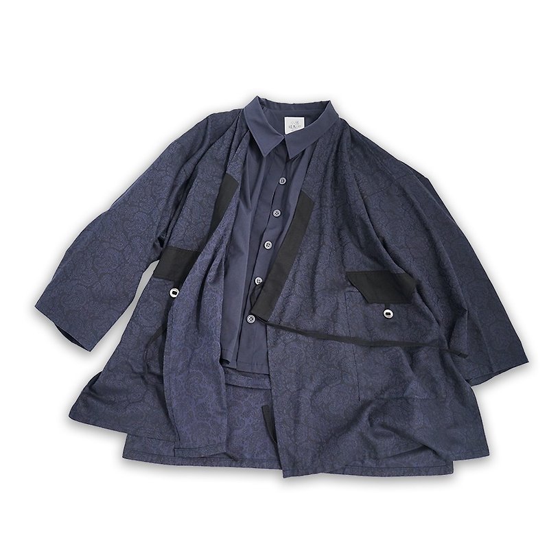 Yukata shirt jacket set discounts - เสื้อโค้ทผู้ชาย - ผ้าฝ้าย/ผ้าลินิน สีน้ำเงิน