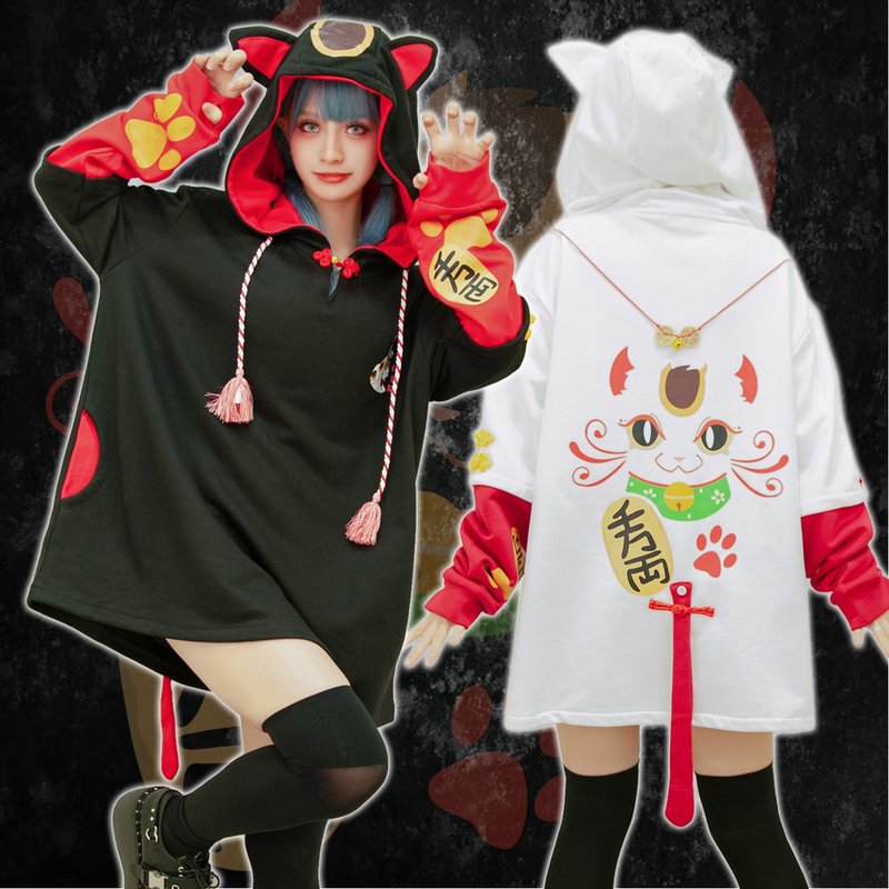 オリジナル香港画家ごま招き猫中国結びタッセル巾着フェイクレイヤード猫耳フード付き Tシャツ JJ4053 - トップス ユニセックス - コットン・麻 