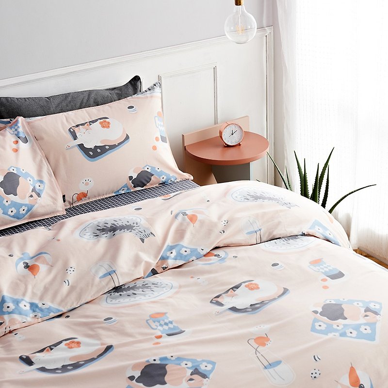 Lemon lemon single double bed sheet / bed bag hand-painted cat 40 cotton bedding pillowcase quilt - เครื่องนอน - ผ้าฝ้าย/ผ้าลินิน สึชมพู