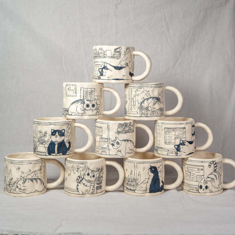 Cute Cat Coffee Mugs Handpainted 330Ml Cat Mug Cartoon Mug Cat Mug Great Gifts - แก้วมัค/แก้วกาแฟ - ดินเผา สีทอง