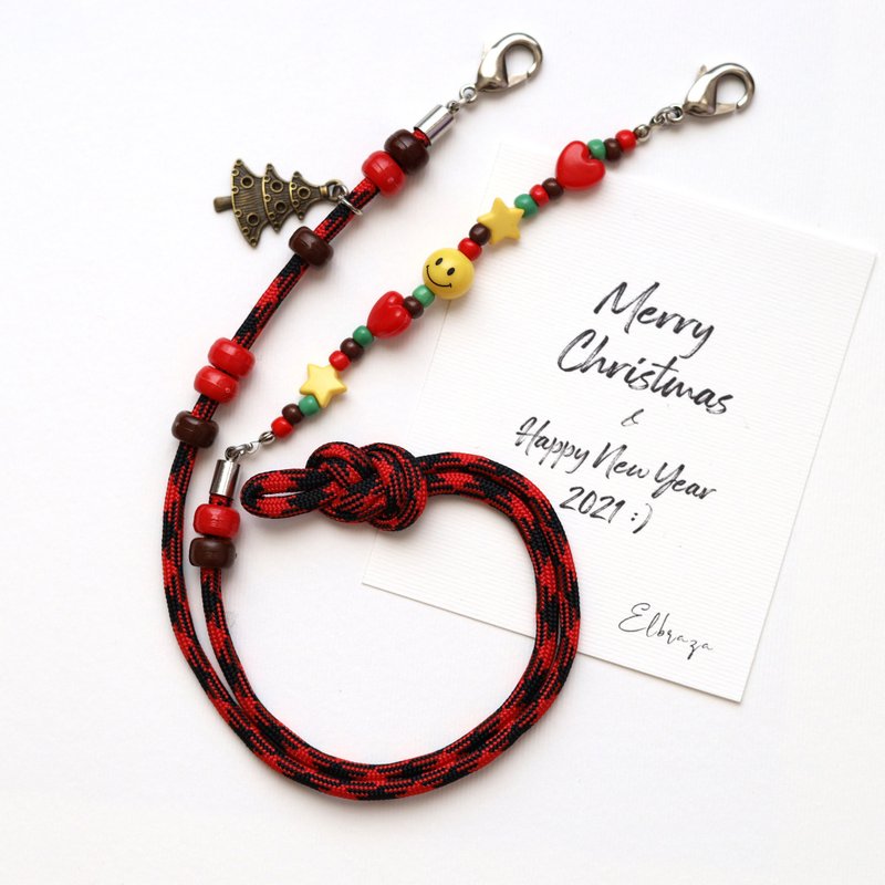 Christmas gift 2021 - Strap for mask 口罩掛繩 - Red Christmas tree smiley mask strap - 口罩/口罩收納套 - 聚酯纖維 紅色