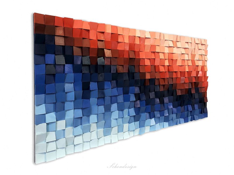 Red and Blue Wave Abstract Wooden Wall Home Decor. Original wall art painting - Wall Décor - Wood Red
