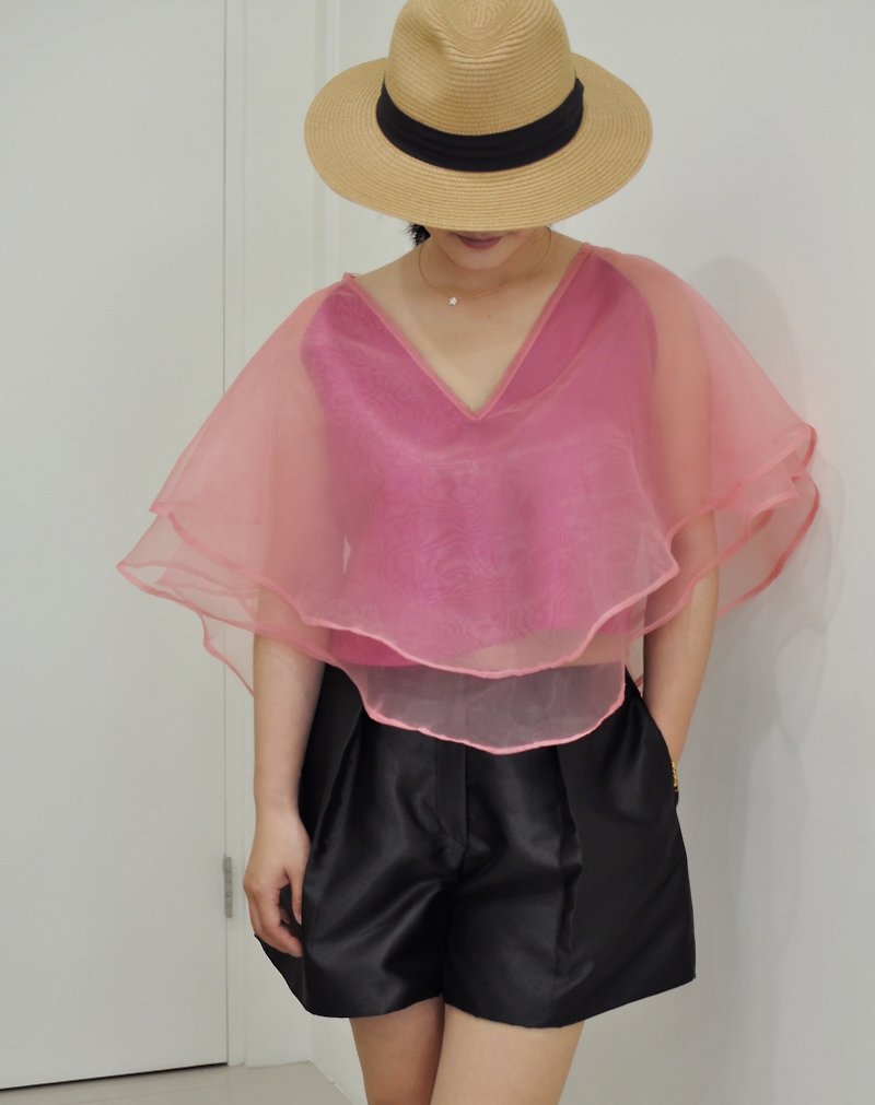 Flat 135 X series Taiwanese designers very glossy cloth before and after the two-piece black yarn V-neck short-arc hem shirt black Peach champagne gold color coat temperament sense - Women's Shorts - Polyester Pink