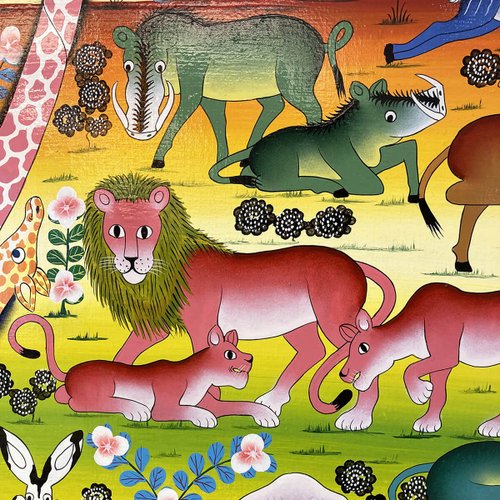 T997動物草原/ 80x60cm /アフリカ原画ティンガティンガ