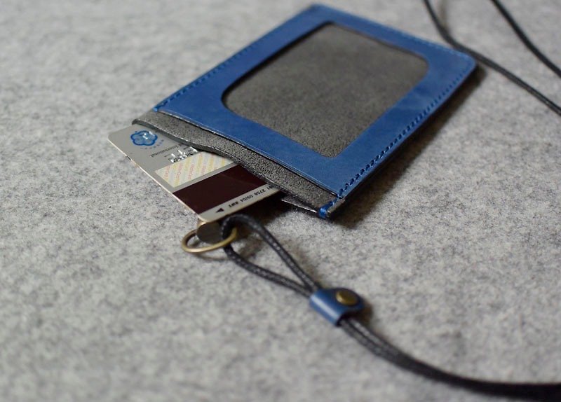 Three-pocket ID holder blue + gray suede (including adjustable length neck strap) - ที่ใส่บัตรคล้องคอ - หนังแท้ 