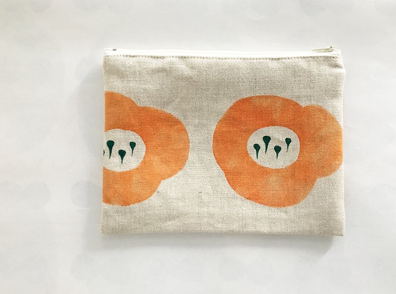 Moshimoshi | Burlap Zipper Cosmetic Bag - Pumpkin Flower - กระเป๋าเครื่องสำอาง - ผ้าฝ้าย/ผ้าลินิน 