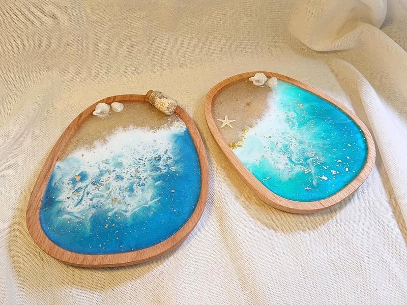 Blue Sea and Green Sea: Sea Wave Solid Wood Tray/Epoxy Resin Tray - Items for Display - Resin Blue