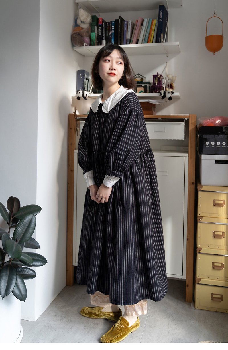 New Year's wool black gray purple striped ruffles decorated with puff sleeves loose warm long swing dress - One Piece Dresses - Wool Black