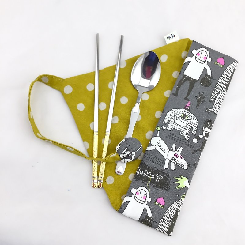 Monsters in Mysterious Grey - Environmental Cutlery Bag__ Graduation Gift - Chopsticks - Cotton & Hemp 
