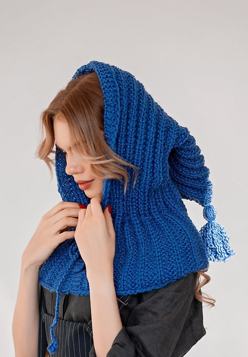 Knittessa Blue Hat Cowl Scarf Hood. Hand knitting. High-quality handmade.