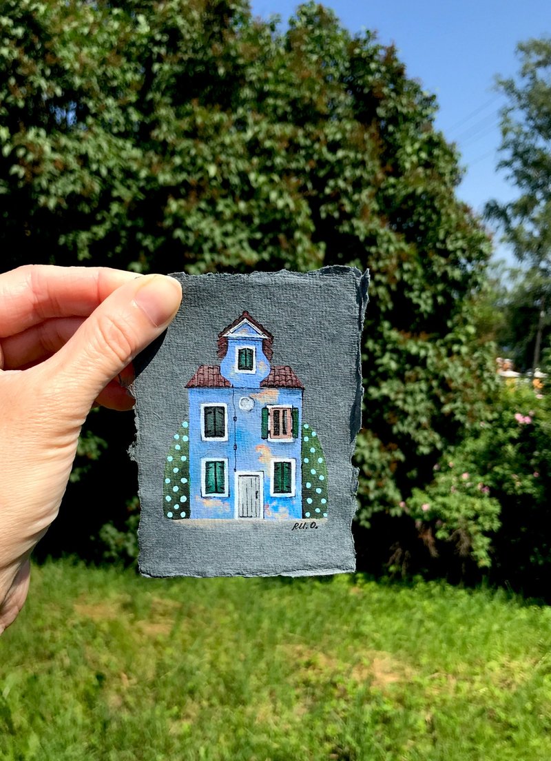 Blue house Mini Original art Watercolor on handmade paper by Rubinova - 海報/掛畫/掛布 - 紙 粉紅色
