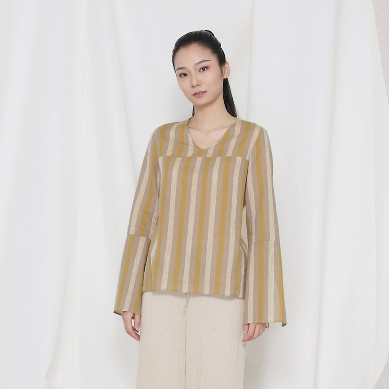 BUFU U-neck stripe shirt SH171102 - Women's Shirts - Cotton & Hemp Yellow