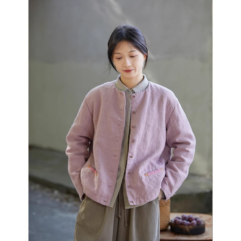 Cherry pink purple plaid roving linen round neck open placket cotton coat - เสื้อผู้หญิง - ผ้าฝ้าย/ผ้าลินิน 