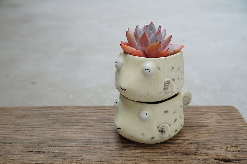 フグの鍋手作りのセラミック - 観葉植物 - 陶器 イエロー