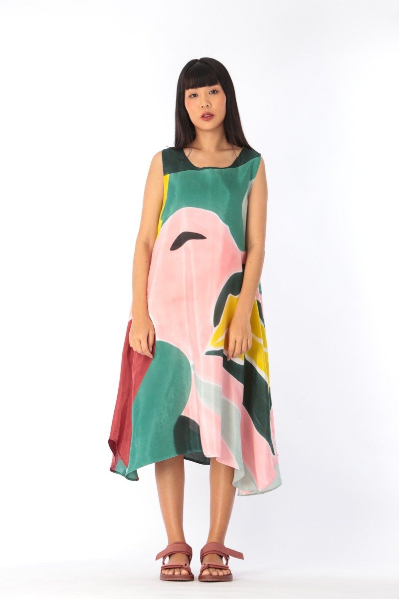 Dress Hand Paint Soft Cotton Silk for Yoga Vacation Holidays - 洋裝/連身裙 - 棉．麻 綠色