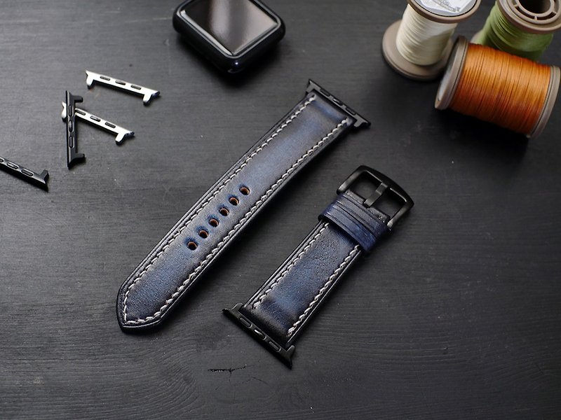 [Christmas Offer] [Smudge Series] Apple watch leather hand-stitched strap-iron gray blue - Watchbands - Genuine Leather 