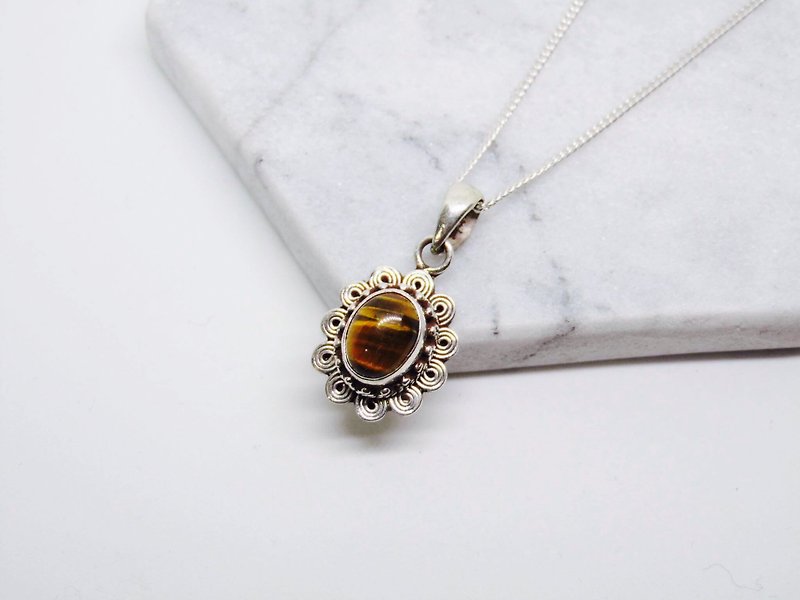 Tiger Eye 925 silver necklace, Nepal handmade inlaid lace making Valentine's Day gift birthday gift - Necklaces - Gemstone Brown