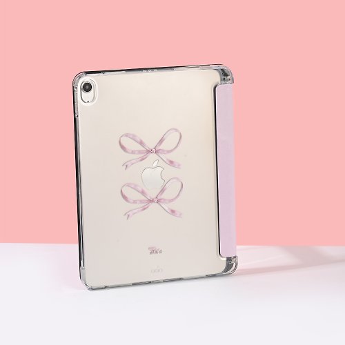 Tomhandss 【亮粉絲帶蝴蝶結】透明磨砂書本式iPad 保護套