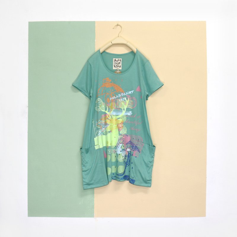 [Original Price 1480] Long Double Pocket T Green - Women's T-Shirts - Cotton & Hemp Green