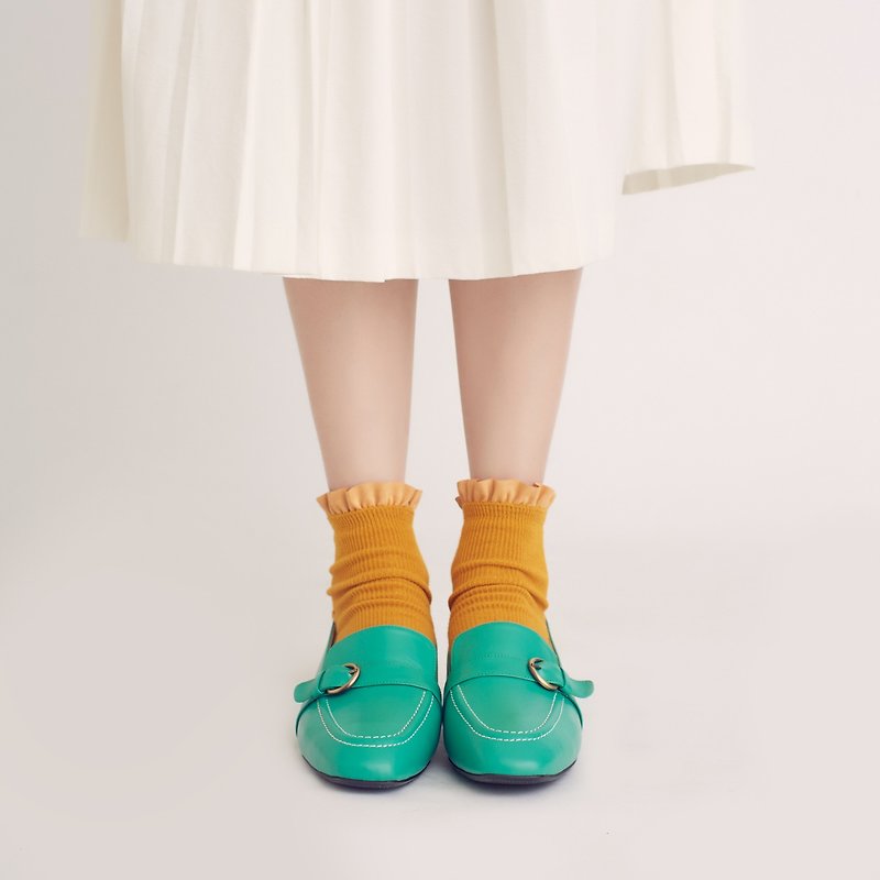 Lightweight straight sleeve type! Square toe loafers with belt Ivy green full leather MIT - รองเท้าหนังผู้หญิง - หนังแท้ สีเขียว